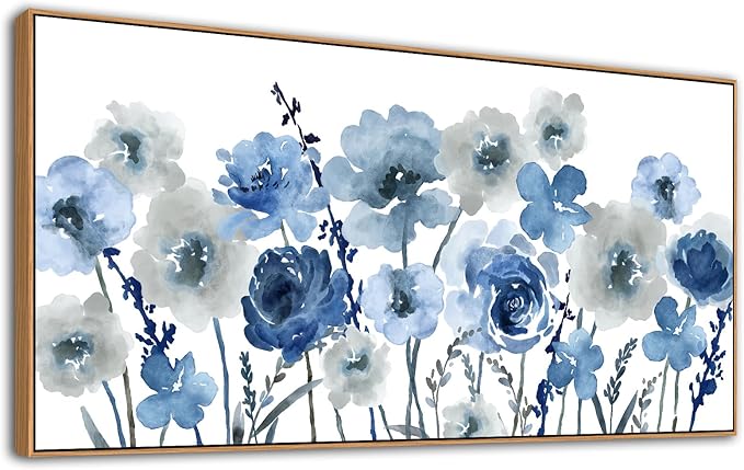 Framed Flowers Canvas Wall Art - Indigo Floral Canvas Pictures Living Room Wall Decor Botanical Canvas Prints Painting Abstract Artwork Bedroom Office Home Decor 24"x 48"