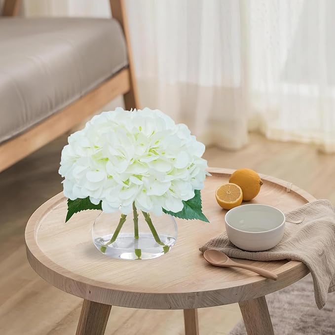 Big Petals Hydrangea Artificial Flowers in Vase, White Silk Fake Flowers Silk Centerpiece Table Decorations for Dining Room,Coffee Table Decor,Wedding, Home with Faux Water Decor (New White)