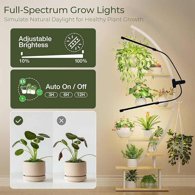 GREENSTELL Plant Stand Indoor with Grow Lights, 7-Tiered Tall Metal Plant Stand for Indoor Plants, Half-Moon Shape Display Shelf for Home,Living Room, Patio, White (1 Pack)