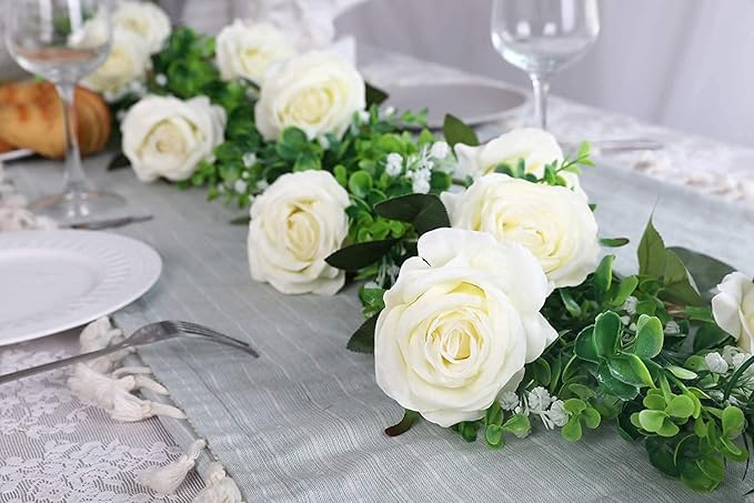 Kisflower 12Pcs White Roses Artificial Flowers, Realistic Single Stem Flowers Silk Rose Bouquet for Wedding Party Office Home Decor (White)