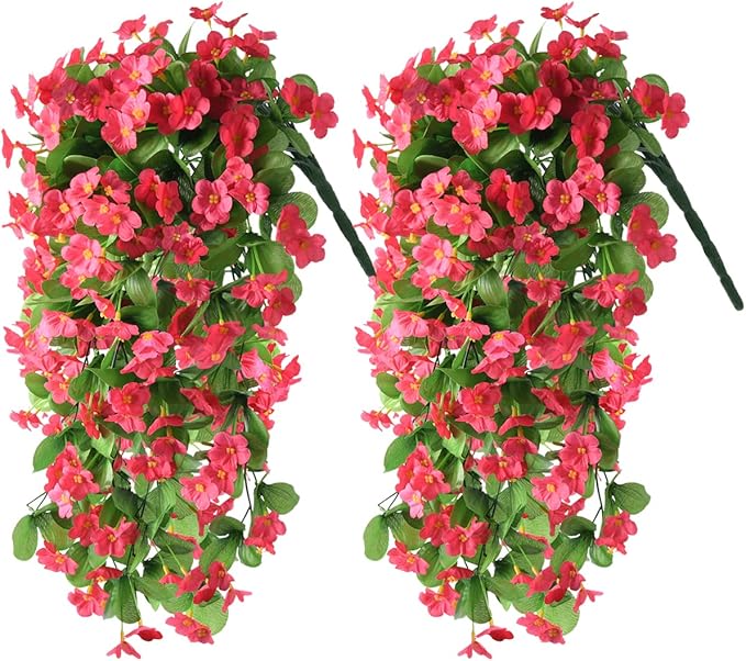 Artificial Fake Hanging Flowers Plants for Outdoor Spring Summer Decoration, 2PCS Faux Silk Violet UV Resistant Look Real Trailing Vines for Outside Home Planter Porch Patio(Rose red)