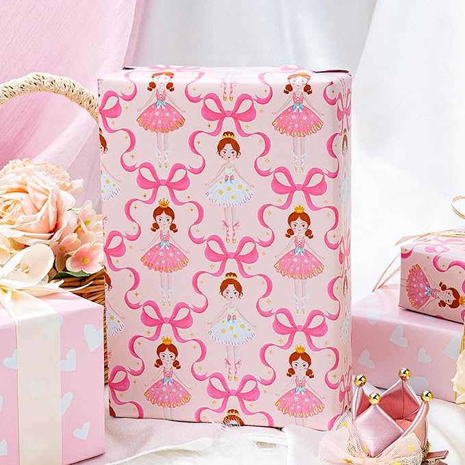 Homeral Pink Ballerina Wrapping Paper Roll - Ballet Princess with Bowknots & Heart Pattern, Reversible Gift Wrap for Girls Birthday, Baby Shower, Bridal Shower, Party - Mini Roll - 17 Inch x 16.5 Feet