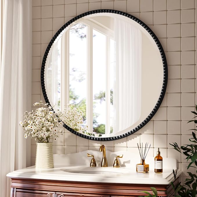 28 Inch Round Bathroom Mirror - Luxurious Retro Beaded Circle Decorative Wall Mirror with PU Frame Hanging Leaning as Art Decor for Entryway, Bedroom, Living Room, Hallway, Black