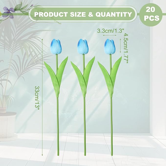 uxcell 20pcs Tulips Artificial Flowers, Faux Flowers Silk Fake Tulip Stems Real Touch for Wedding Bouquet Centerpiece Table Party Decoration(Gradient Blue)