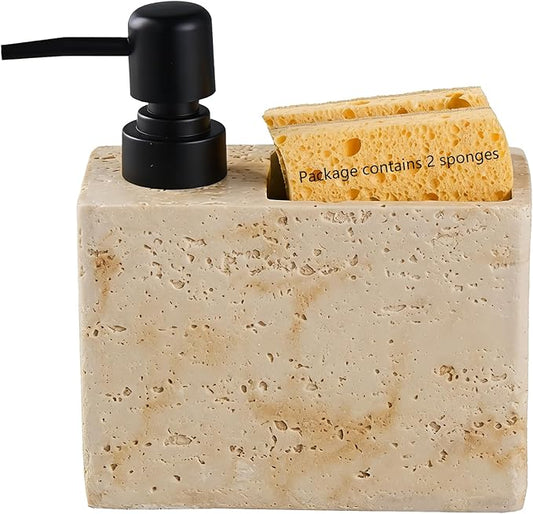 Beige Travertine Soap Dispenser with Sponge & Brush Holder – Hand & Dish Resin Soap Pump Bottle for Kitchen & Bathroom, 2-in-1 Countertop Organizer, with 2 Natural Sponges (Luxury Home Decor)