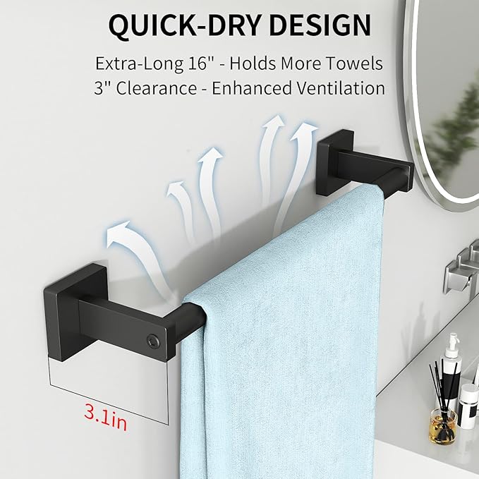 MKO Towel Bar for Bathroom, Black Hand Towel Holder Rod with Metal, 16" Towel Racks for Bathroom Hanger Wall Mounted for Kitchen Home, 2 Pack