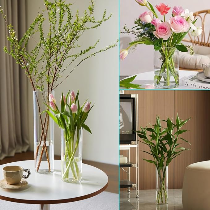 3 Pcs Acrylic Clear Cylinder Flower Vase for Plants Bouquet, Unbreakable Hurricane Tall Large Plastic Vases for Wedding Centerpieces, Hydroponic Decor Base Set of 3 (H 8" + H 10" + H 12" No Flowers)