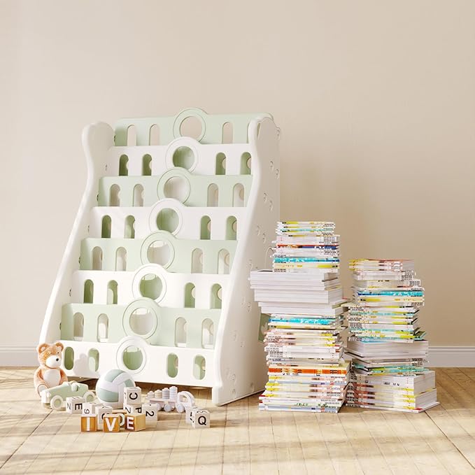Kids Bookshelf for Toddlers, 7 Tier White Bookcase for Kids Bedroom/Nursery/Classroom, Corner Bookshelf Book Storage Organization Montessori Baby Book Storage Shelf (Green-7-Tier Bookcase)