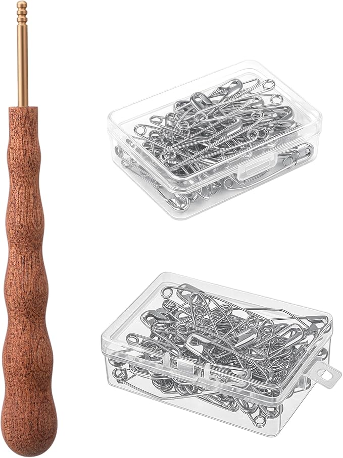 Threlaco Pin Basting Tool Set with 1 Pcs Pin Basting Tool and 100 Pcs 1.5 Inch and 2 Inch Curved Quilting Pins Bent Sewing Safety Pins Handcrafted Sewing Tools for Quilting Knitting Crafting