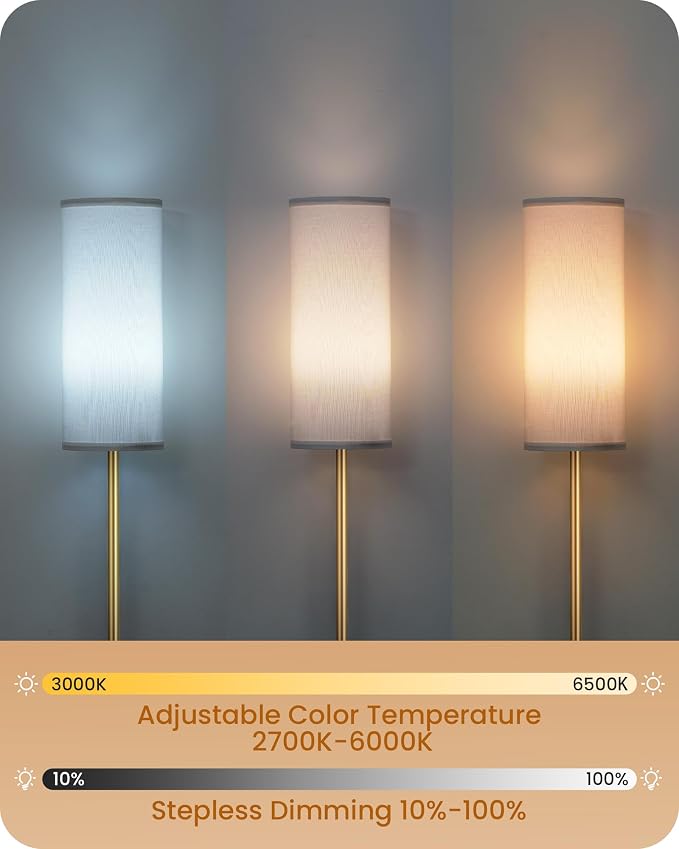 Set of 2 Dimmable Floor Lamps for Living Room with 2 Remotes and Foot Switch, 64.4”Modern Standing Lamp, Corner Lamp for Bedroom, Bulb Included, 3000K-6500K, White and Gold DCW06LDP205W1