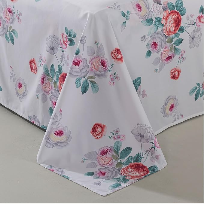 FADFAY Red Vintage Peony Floral Queen Size Sheets Set 100% Brushed Cotton Shabby Purple Rose Pattern Bedding Set Deep Pocket Sheets with 2 Pillowcases Luxury Breathable Soft 4pcs, Queen Size
