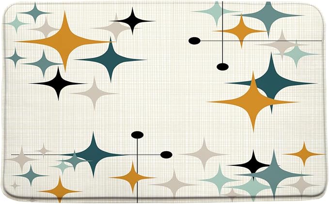 Mid Century Bath Mat Retro Atomic Stars 1950s 1960s Vintage Geometric Pattern Abstract Iconic Modern Orange 23.6x35.4 Inches Polyester Fabric Bathroom Rugs