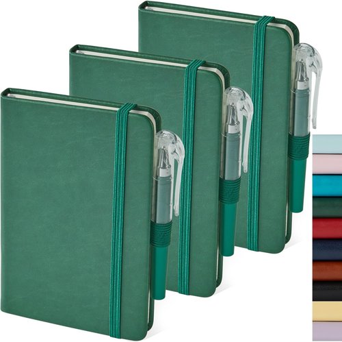 NIRMIRO Pocket Notebook Journals - Mini Leather Lined Notepads with Pen Holder | Dark Green, 3 Pack
