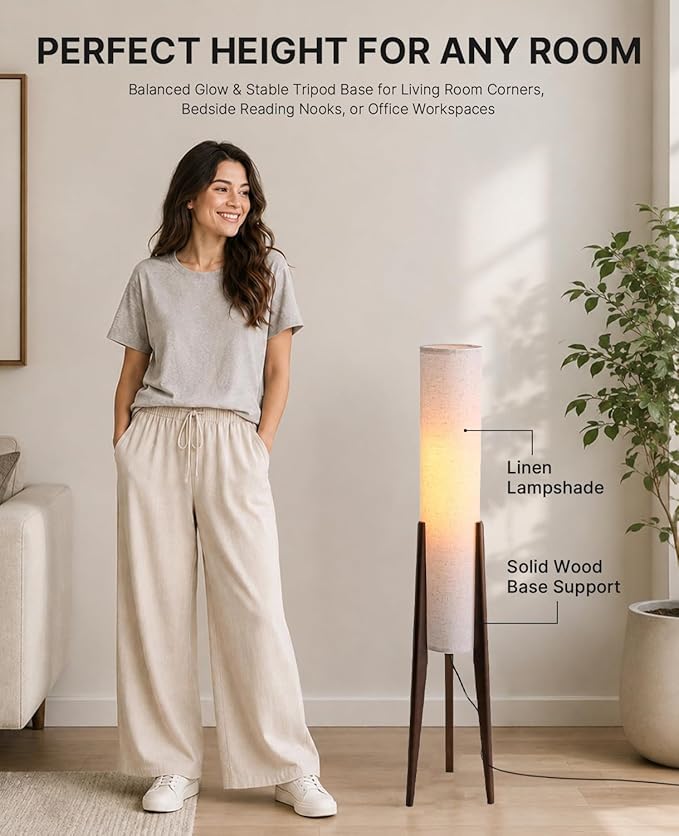 Walnut Wood Tripod Floor Lamp, 48.8 in High Vintage Column Floor Lamps with White Fabric Lampshade, Mid Century Modern Floor Lamp for Bedroom Living Room Home Office (Walnut)