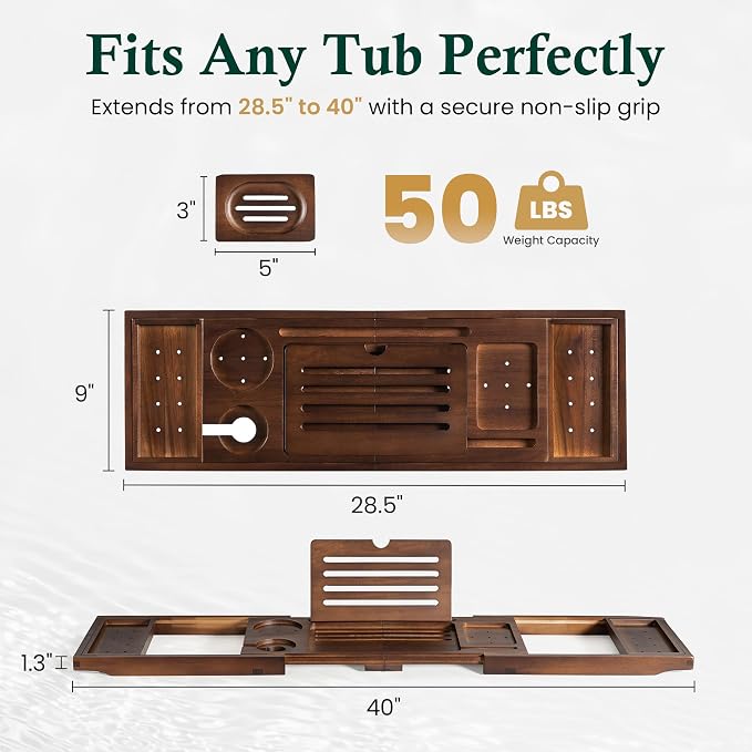Teak Bathtub Tray, Bath Caddy with Wine Glass Holder, Phone Dock & Book Stand | Hands-Free Reading & Ultimate Spa Relaxation Experience-Brown