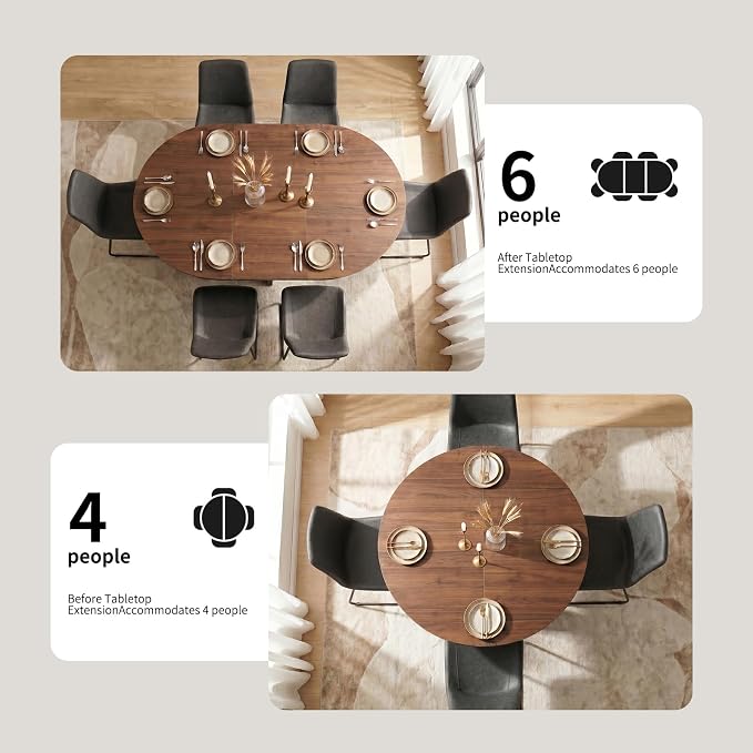 HIPIHOM Modern Round Expandable Dining Table Set for 6, 43.3"-59" Walnut Kitchen Table with 6 PU Leather Chairs, 7-Piece Mid-Century Dining Room Set