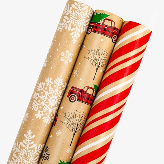 MAYPLUSS Christmas Wrapping Paper Roll - Mini Roll - 17in x 120in - Christmas Kraft Paper White Snowflake Red Truck, Stripe for Party, Birthday, Wedding, Anniversary (42.3 sqft)