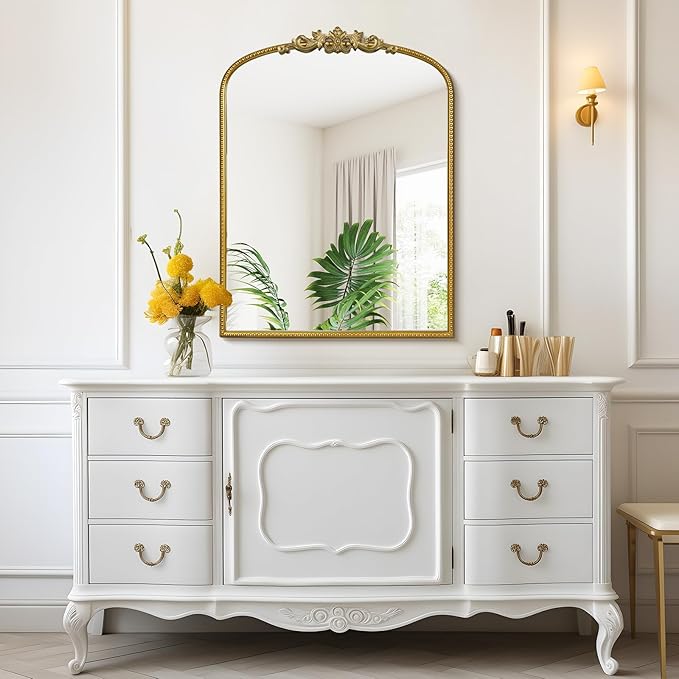 WallBeyond Gold Vintage Mirror for Vanity 24x32 Inch, Gold Antique Mirror with Ornate Frame, Arched Vintage Wall for Bathroom, Living Room, Fireplace, Entryway