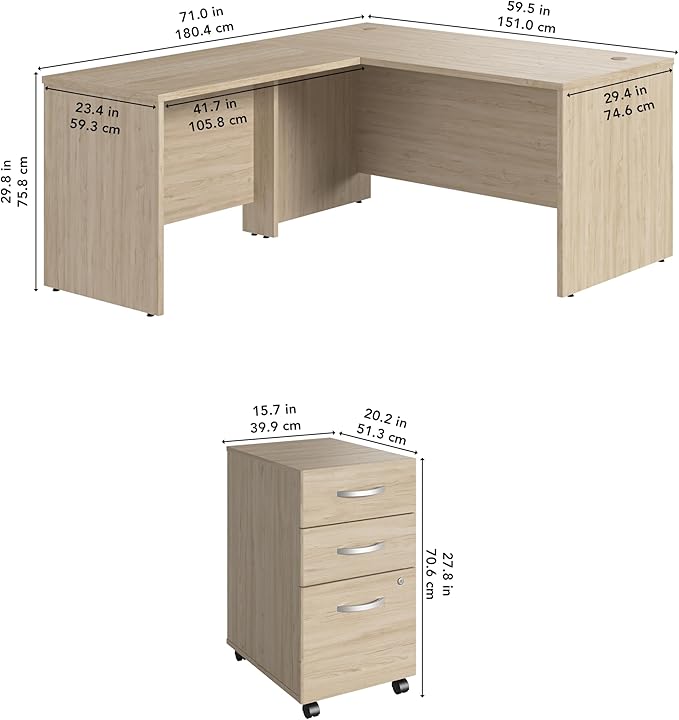 Bush Business Furniture 60W x 30D L Shaped Desk with Mobile File Cabinet, Corner Table and Drawers for Home or Professional Office, Studio C Collection, Natural Elm