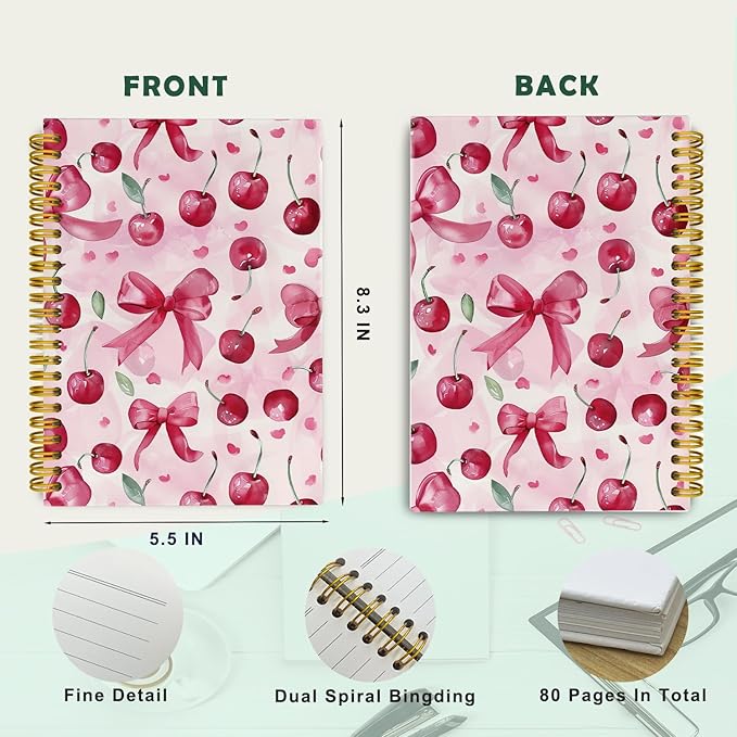 JKMBN Trendy Coquette Pink Bow Cherry Journaling Notebooks, Preppy Spiral Notebook, Cute Notebook Journal for Girls, Pink Office Supplies, Hardcover Spiral Lined Notebook 5.5 x 8.3