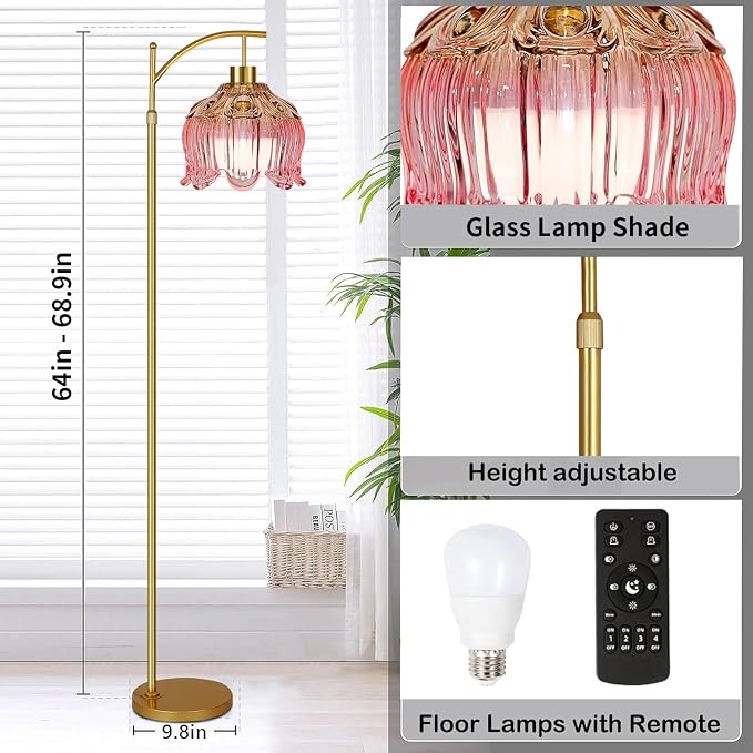 QIYIZM Pink Floor Lamp for Living Room,Bedroom,Glass Gold Dimmable Standing Lamp with Remote,Mid Century Modern Brass Tall Lamp Boho Floor Lamps Arc Stained Tulip Flower Floor Light Lamp Bohemian