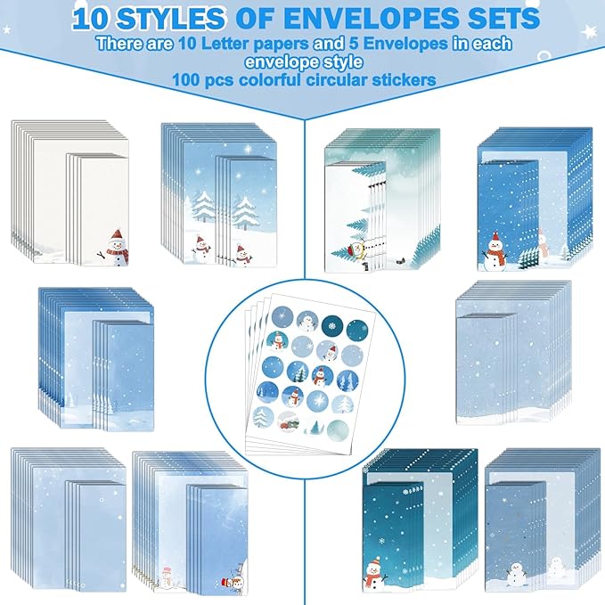 EggSun 250Pcs Christmas Winter Stationery Paper and Envelope Set with 100 Letterhead Papers and 50 Envelopes,10 Design for Letter Writing Invitations Computer Holidays Party Notes, 8.5x11 Inch-Snowman