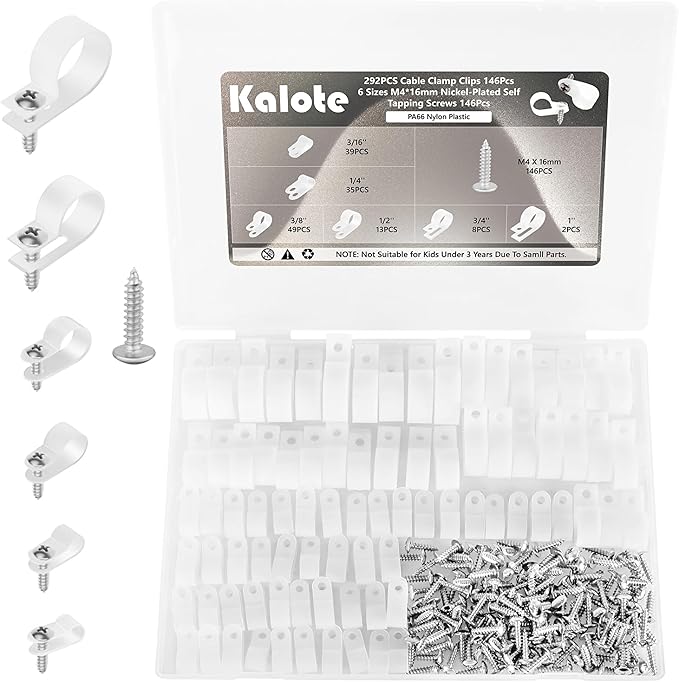 292PCS Cable Clamps, Cable Clips for Management Cord Organizer, 6 Sizes-3/16'' 1/4'' 3/8'' 1/2'' 3/4'' 1'' White PA66 Nylon R-Type Plastic Screw Mounting Cord Clamp Assortment Kit with M4 Screws
