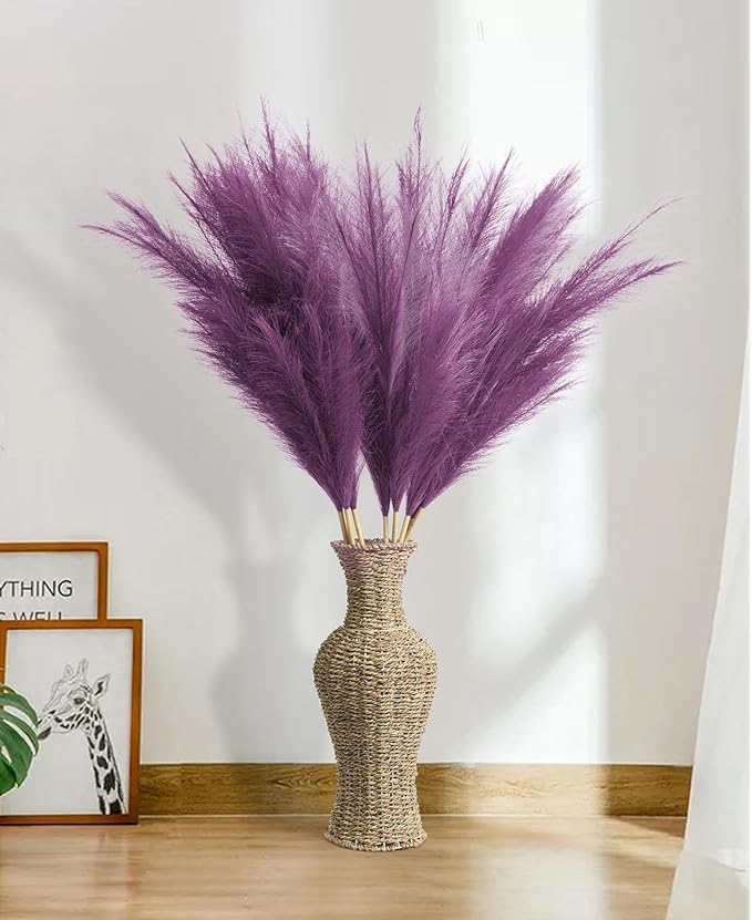 9 Pcs 45" Tall Pampas Grass Purple Decor, Long Stem Artificial Flower Floor Vase Large Faux Floral Pompas Fake Plants Dried Bouquet Arrangement Vase Filler for Boho Home Wedding Decoration