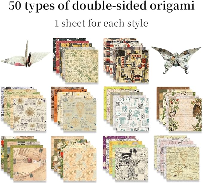 Square Origami Paper 6x6 Double Sided 50 Sheets 50 Colors 70GSM Origami Kit Japanese Chiyo Easy Fold Arts Crafts DIY Handwork Beginner Retro Newspapers