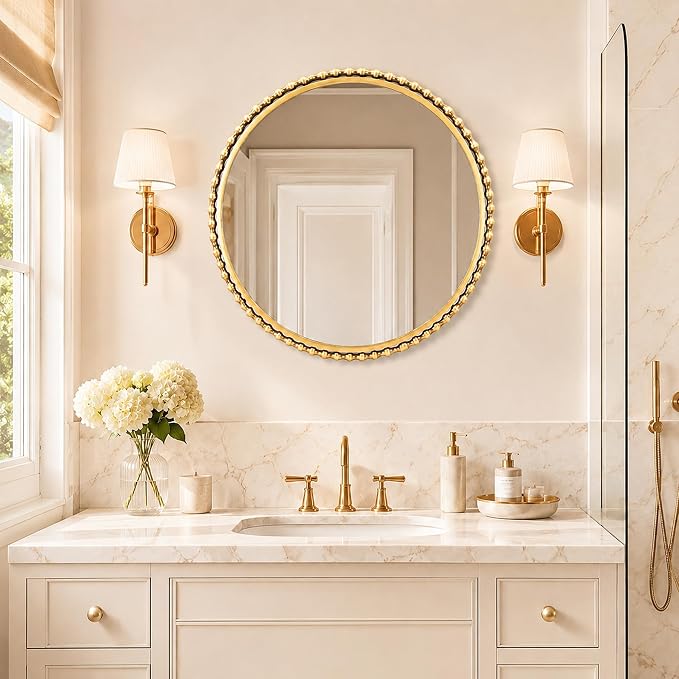 30 Inch Round Gold Bathroom Mirror – Antique Gold Beaded Frame, Large Vintage Decorative Wall Mounted Mirror for Vanity, Bedroom, Living Room, Entryway, 30" Round Gold Accent Mirror