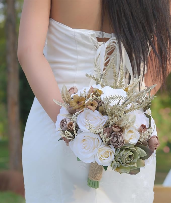 Wedding Bouquets for Bride Bridesmaid Khaki Rose Bridal Bouquet for Bride Artificial Flowers Wedding Tossing Bouquets for Wedding Church Bridal Shower Ceremony Anniversary (Khaki+Ivory)
