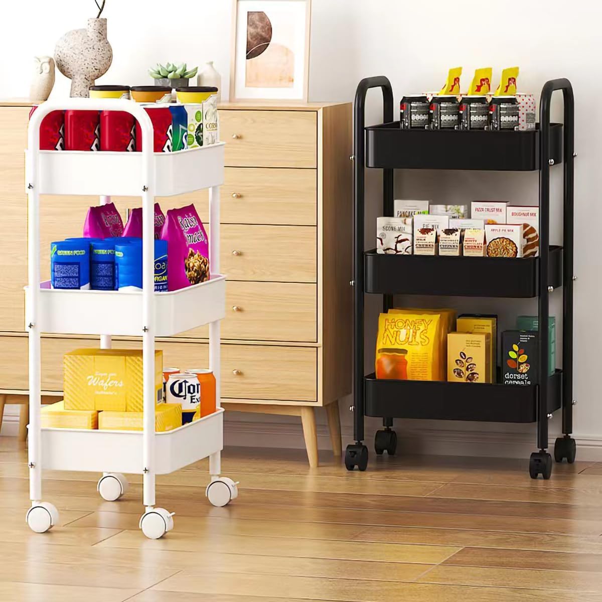 XIUSHE 3-Tier Rolling Metal Utility Cart - Sturdy Portable Organizer for Office, Kitchen, Bathroom | Black