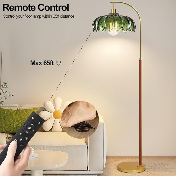 Wood Floor Lamps for Living Room,Gold Floor Lamp with Remote Control & Glass Lampshade,Arc Flower Lamp Dimmable Mid Century Modern Standing Lamp Vintage Farmhouse Tall Floor Lamp For Bedroom Corner