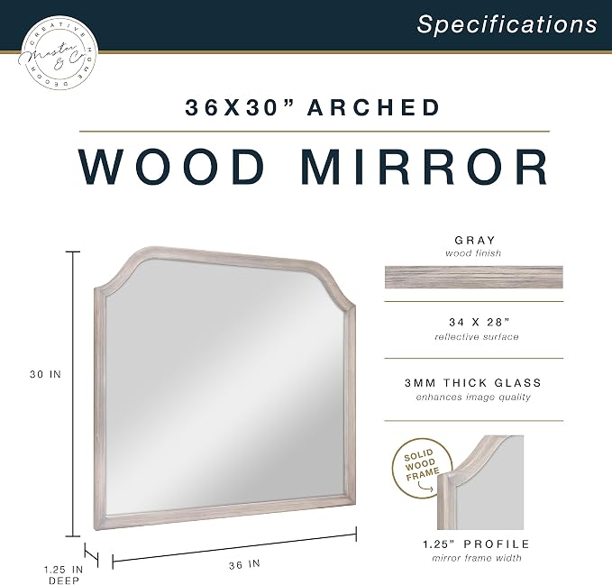 MCS Master & Co. 36x30 Mirror with Gray Woodgrain Solid Wood Frame, Arched Wall Hanging Large Mirror for Bathroom, Bedroom & Livingroom
