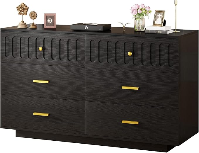 IBF Fluted Dresser with 6 Drawers for Bedroom, Large Wooden Chest of Drawers with Anti-Tipping Design for Men,Women, 54" Wide Modern Cloth Storage Dressers for Nursery,Closet,Living Room, Black Oak