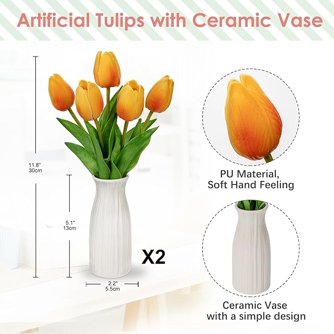Briful 2 Packs Faux Flowers Artificial Tulips with Ceramic Vase, Poly Foam Orange Tulips Real Touch Flower Arrangement for Home Kitchen Wedding Centerpiece Decoration