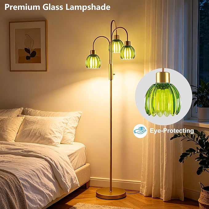 3-Light Glass Floor Lamp, 70" Gold Dimmable Standing Tall Lamp with Green Ribbed Glass Shades &3PCS 3000K Warm White Bulbs, Modern Tree Pole Lamp for Living Room Bedroom Home Office Corner Decor