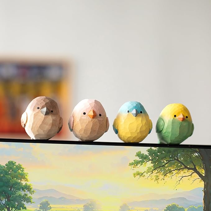 Hand-Carved Wooden Bird Figurines Set of 4 – Rustic Colorful Mini Birds Statues for Farmhouse Tabletop Décor, Cottage Chic Ornaments, Spring Decorations & Gift for Bird Lovers