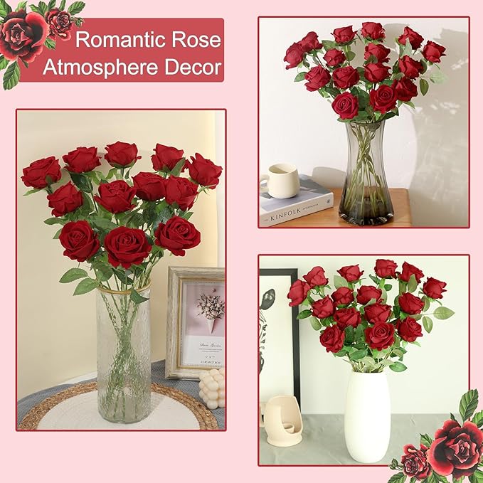 12Pcs Red Roses Artificial Flowers Fake Roses Faux Velvet Silk Flower for Home Wedding Decoration (Pearl Rose, Red)