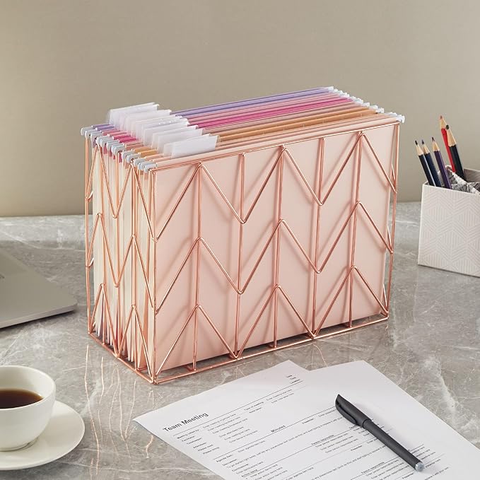 Beramon Hanging File Folder Kit Includes 1 Rose Gold Hanging File Desk Organizer and 24 Pack Hanging File Folders Letter Size with 1/5 Cut Tabs Design for School Office Home Supplies, Pink Design