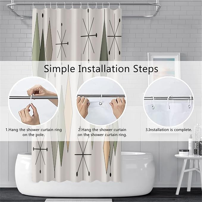 Boho Mid Century Shower Curtain Vintage Abstract Green Diamond Geometric Atomic Starburst Pattern for 1950s Retro Bathroom Decor Accessories Shower Curtain Set with 12 Hooks, 36x72 Inches