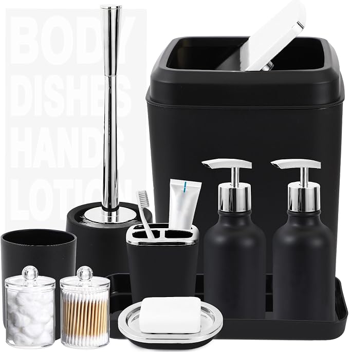 XLHOMO Black Bathroom Accessories Set - 10 Piece Bathroom Set with Trash Can and Toilet Brush, Soap Dispenser, Toothbrush Holder and Cup, Soap Dish, and Qtip Holder, for Housewarming Gift