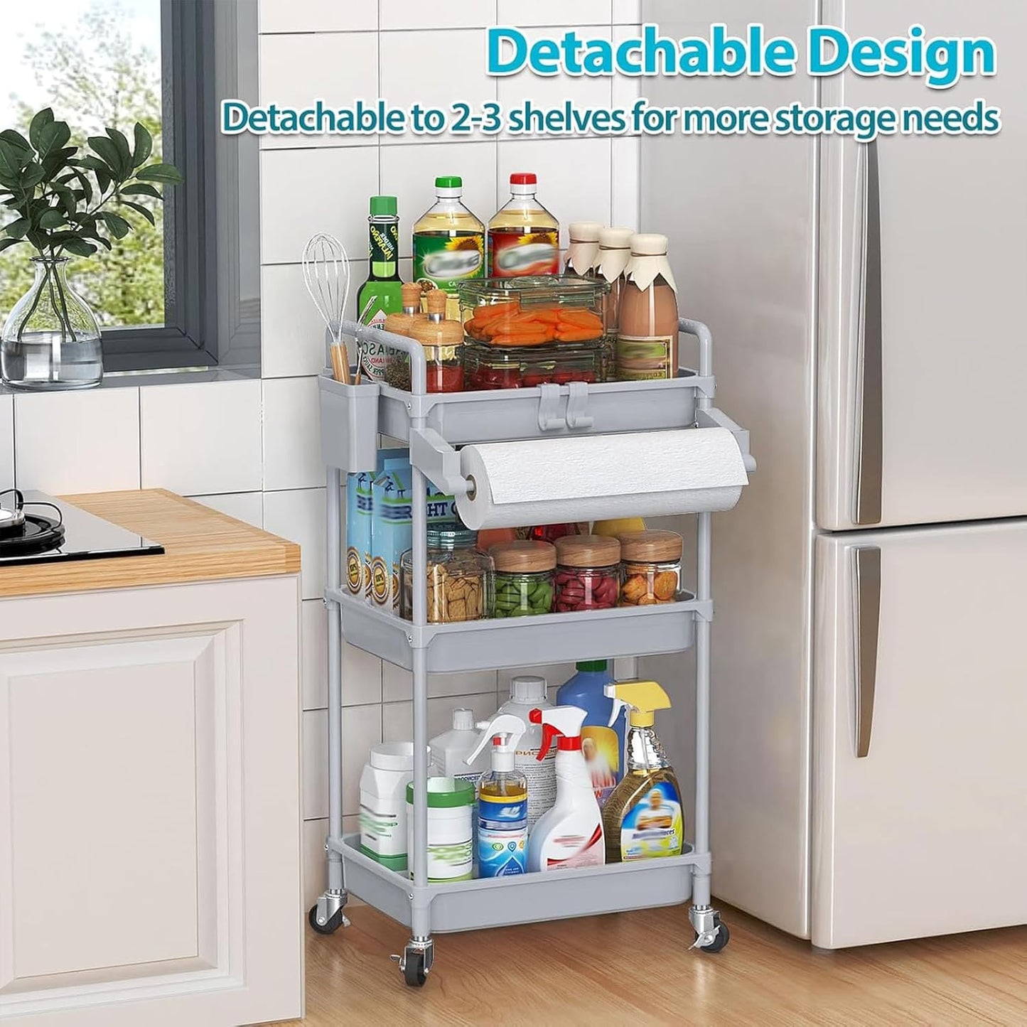 SPACEKEEPER Rolling Storage Cart - 3 Tier Utility Cart for Laundry & Bathroom Organization | Grey with Lockable Wheels & Hooks