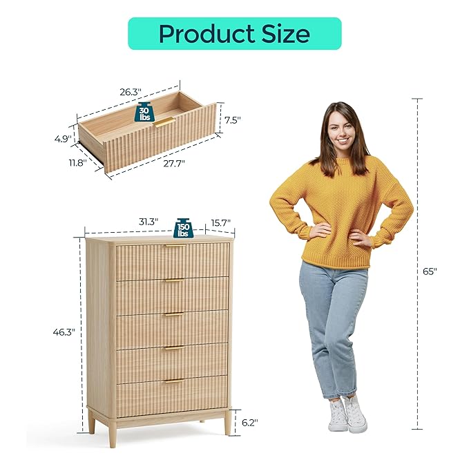 LINSY Fluted Dresser for Bedroom with 5 Drawers, Mid Century Modern Chest of Drawers with Gold Metal Handles, Tall Boho Wood Dressers, Large Farmhouse Storage Cabinet for Bedroom, Living Room, Oak