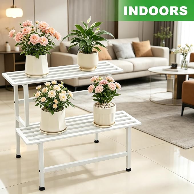 Dipion Metal Plant Stand Outdoor Plant Shelf Indoor,2 Tier Heavy Duty Ladder Plant Stands for Multiple Plants,26" L x 20.25" H x 17.75" W,White