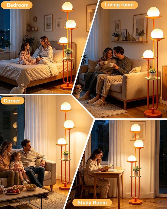 63IN Globe Floor Lamp with Shelf 3-Lights Modern Dimmable Orange Floor Lamps with 3000K Soft Warm White Bulbs for Wedding/Party, Tall Standing Lamp with 5Lbs Heavy Base for Living Room/Bedroom