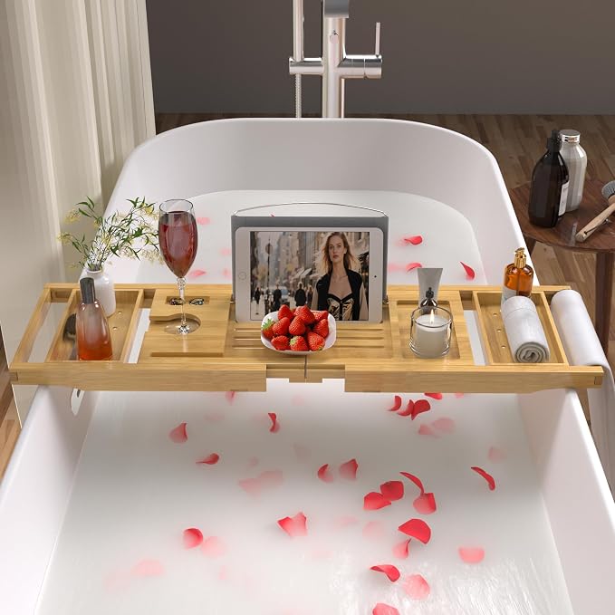 Bathtub Caddy Tray for Tub,Foldable Bath Table Trays,Bamboo Shelf with Book and Wine Glass Holder,Bathroom Accessories Suitable for Luxury Spa or Reading,Natural