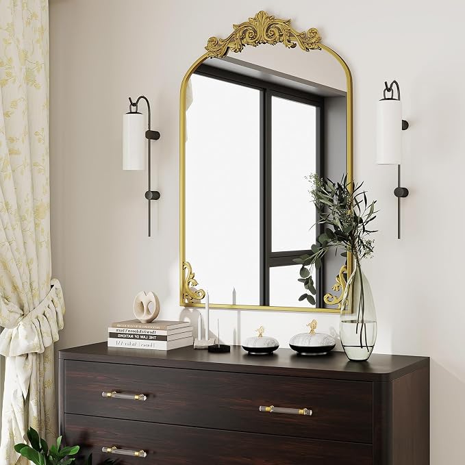 VooBang 26x38 inch Vintage Arched Bathroom Mirror - Gorgeous Wall Vanity Mirror with Beautiful Retro Top and Bottom Engraving Process Frame for Entryway Hallway Living Room, Gold