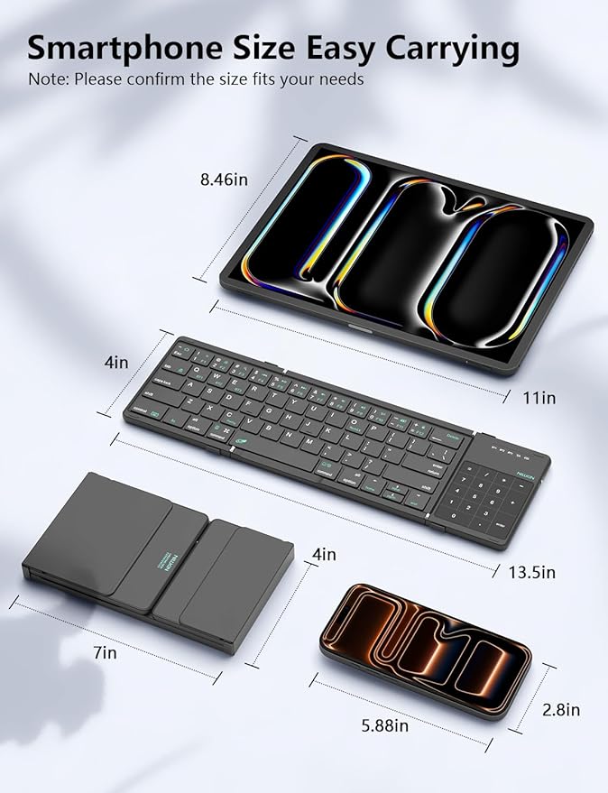 Nillkin Foldable Bluetooth Keyboard with Touchpad & Number Pad, Portable Bluetooth Keyboard with Full Size Keys, Pocket-Sized Wireless Travel Keyboards for iPad, Smartphone, Tablet and Laptop Black