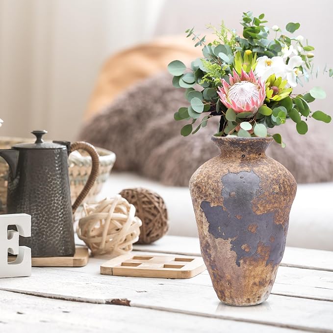 Small Stone Vase for Rustic Home Decor, Farmhouse Antique Pottery Vase Furniture&Table Flower Decorative, Round Terracotta Vases for Living Room Decor, Modern Rustic Concrete Clay Art Vases